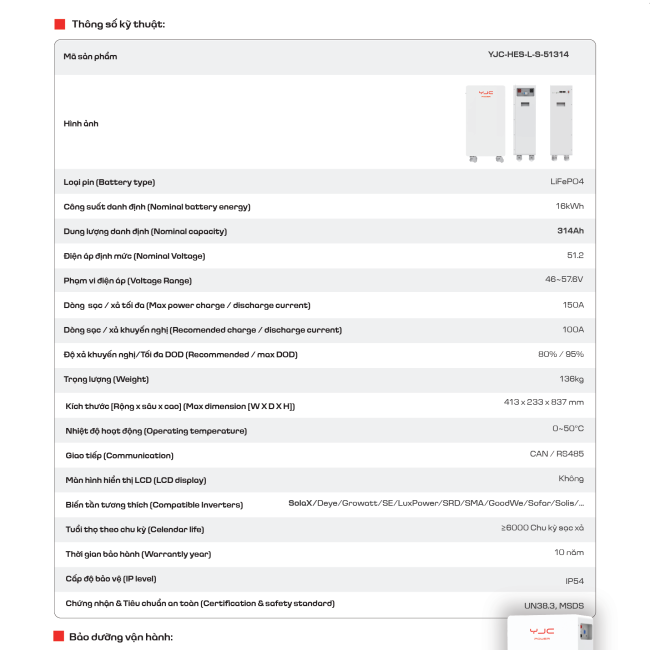 Pin lưu trữ YJC 16kWh | YJC Power Battery 16kWh