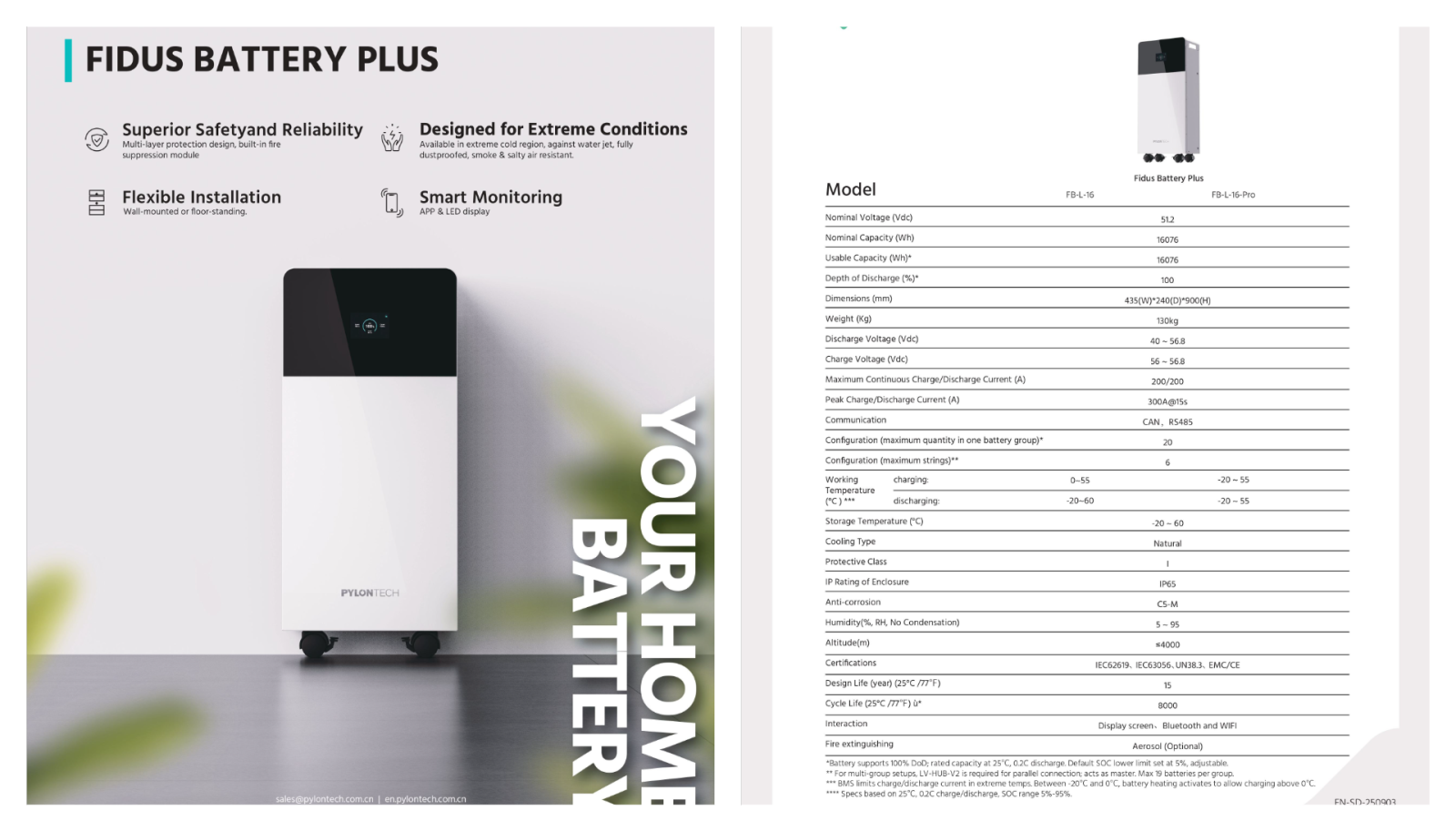 Bảng thông số kỹ thuật của Pin Lưu Trữ Áp Thấp Pylontech 16kWh